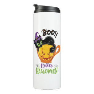 Boo Black Cat, Beängstigendes Pumpkin Coffee Hallo Thermosbecher