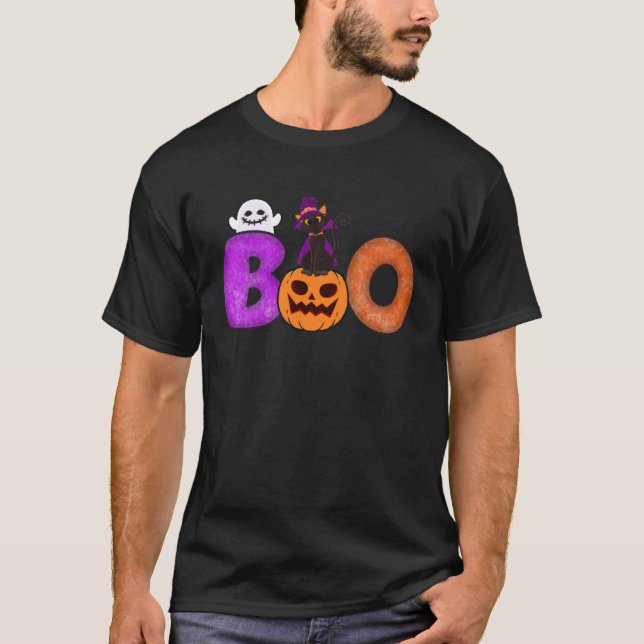 Boo Cat Pumpkin Halloween Ghost Costume Leopard T-Shirt (Vorderseite)