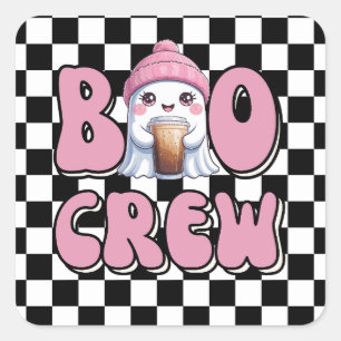 Boo-Crew Rosa Geist mit Ice Coffee Personalisiert Quadratischer Aufkleber