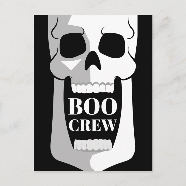 Boo Crew Skull Halloween Schwarz und Weiß Spooky Postkarte (Vorderseite)