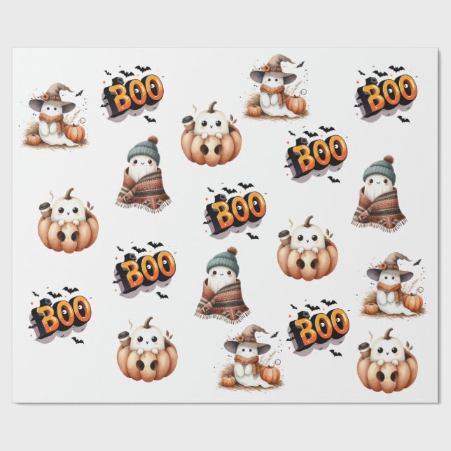 BOO Day Niedlich Watercolor Ghost Fall Wrapping Pa Geschenkpapier (Flach)