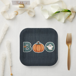 BOO Denim Rustic Country Pumpkin Ghost Halloween Pappteller