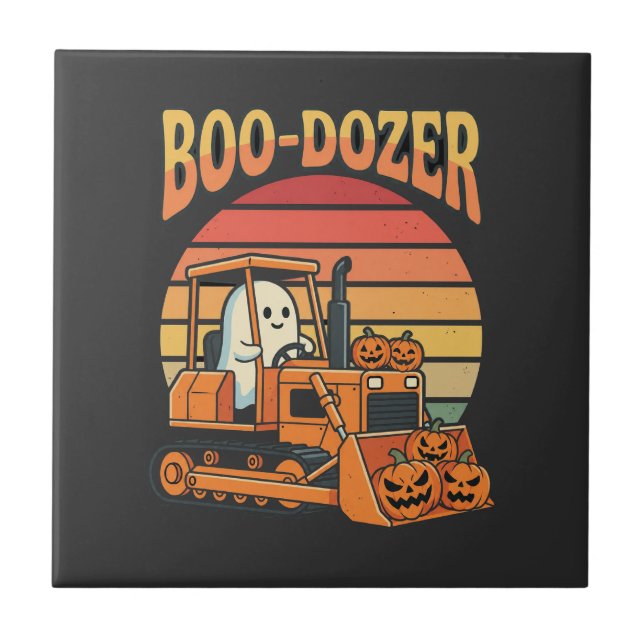 Boo-Dozer Halloween-Geist-Kürbis-Bulldozer Fliese (Vorderseite)