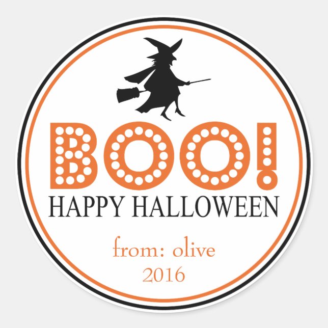 Boo! Fliegende Hexe (schwarz / orange) Runder Aufkleber (Vorderseite)