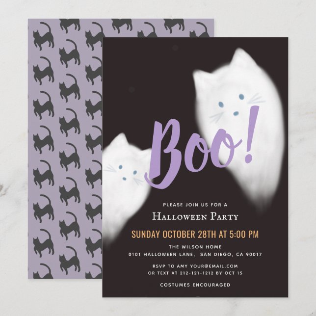 Boo! Ghost Cat Niedliches Lila Halloween-Party Einladung (Vorne/Hinten)