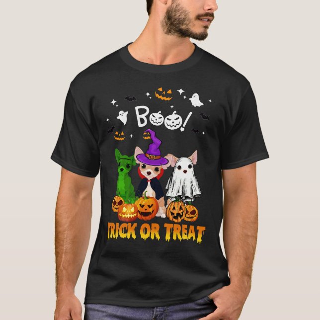 Boo Ghost Chihuahua Trick oder Treat Halloween T-Shirt (Vorderseite)