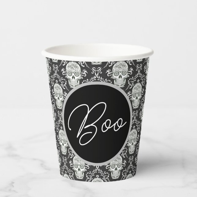Boo! Gothic Skull Damask Paper Cup Pappbecher (Vorderseite)