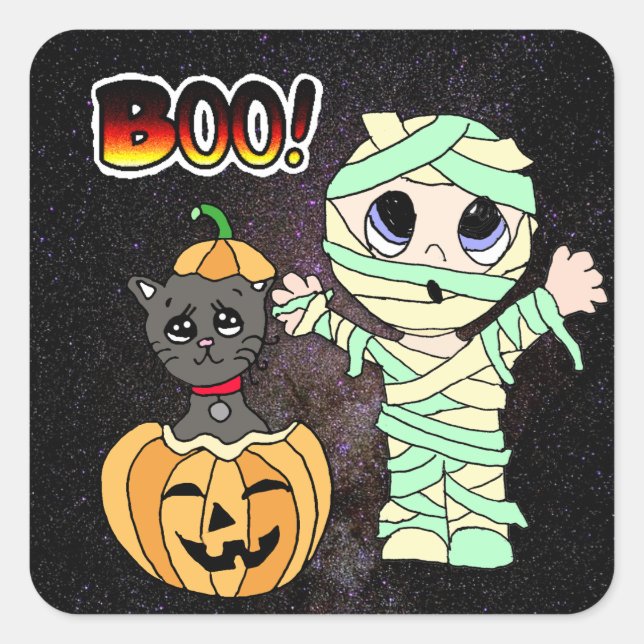 Boo Halloween Black Cat in Pumpkin und Mummy Quadratischer Aufkleber (Vorderseite)
