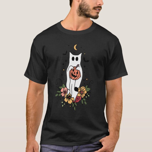 Boo Halloween Cat Ghost Floral Moon Phase Cat T-Shirt (Vorderseite)