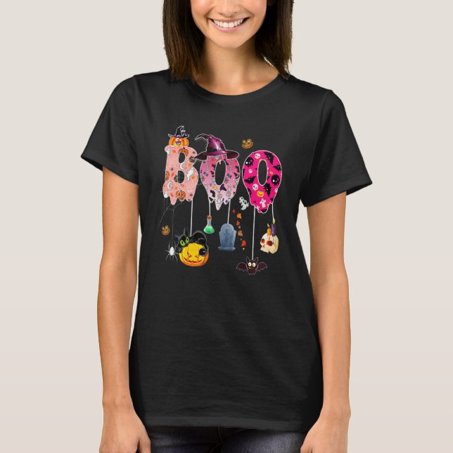 Boo Halloween Costume Spiders Ghosts Pumpkin & Wit T-Shirt (Vorderseite)
