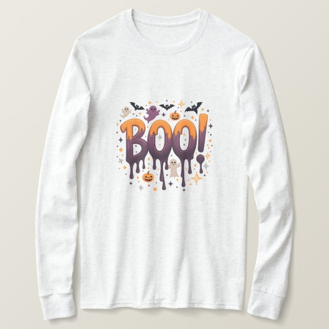 BOO Halloween Drilling Letters with Ghosts, Bats a T-Shirt (Design vorne)