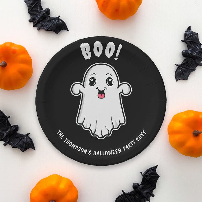 Boo Halloween Ghost benutzerdefinierter Text schwa Pappteller (Spooky ghost design for a Halloween party. Personalize with your custom text!)