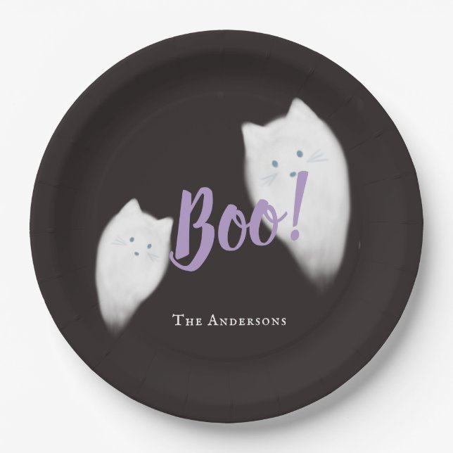 Boo! Halloween Ghost Cat Niedlich Black Pappteller (Vorderseite)