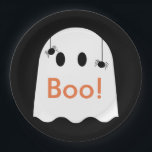 Boo! Halloween Ghost Niedlich Black Paper Plate Pappteller<br><div class="desc">Diese einfache und niedliche halloween Papiertafel verfügt über einen niedlichen Geist mit einigen Spinnen auf schwarzem Hintergrund. Perfekt für Herbst / Herbst Geburtstage und Halbpensionen! Personalisieren Sie es für Ihre Bedürfnisse. In meinem Geschäft finden Sie passende Produkte.</div>