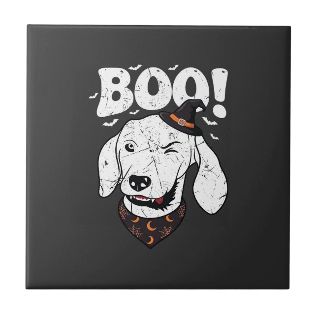 Boo Halloween Hund Hexenhut Fledermäuse Fliese (Vorderseite)