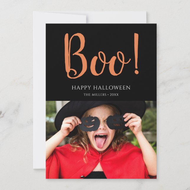 Boo Halloween Modernes Schwarzes Foto Feiertagskarte (Vorderseite)
