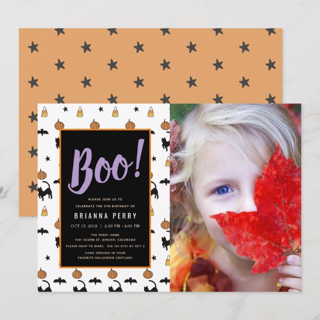Boo! Halloween Pattern Niedliches weißes Foto Gebu Einladung (Vorne/Hinten)