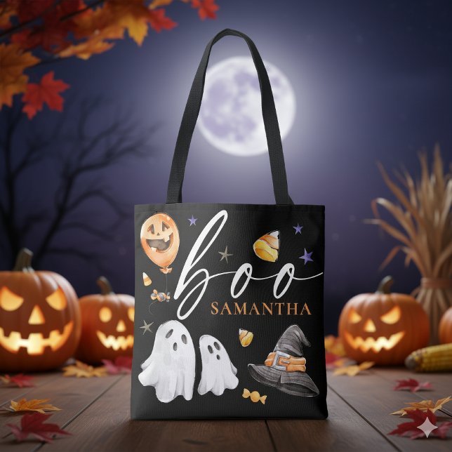 Boo Halloween Wasserfarbe Trick oder Schwarz behan Tasche ("Boo!" Watercolor Halloween Trick or Treat Tote Bag)