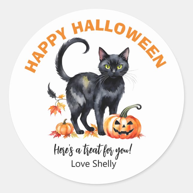 Boo! Happy Halloween Black Cat Aufkleber (Vorderseite)