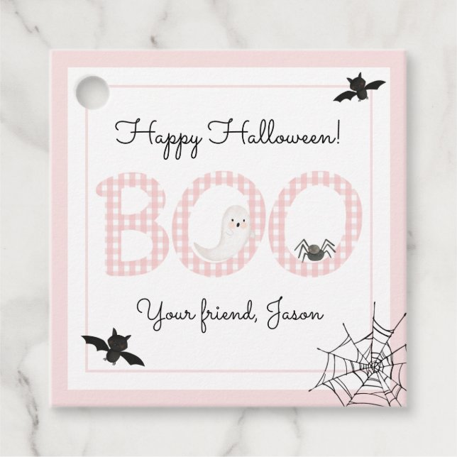 BOO Happy Halloween Gingham Pink Girl Spooky Geschenkanhänger (Vorderseite)