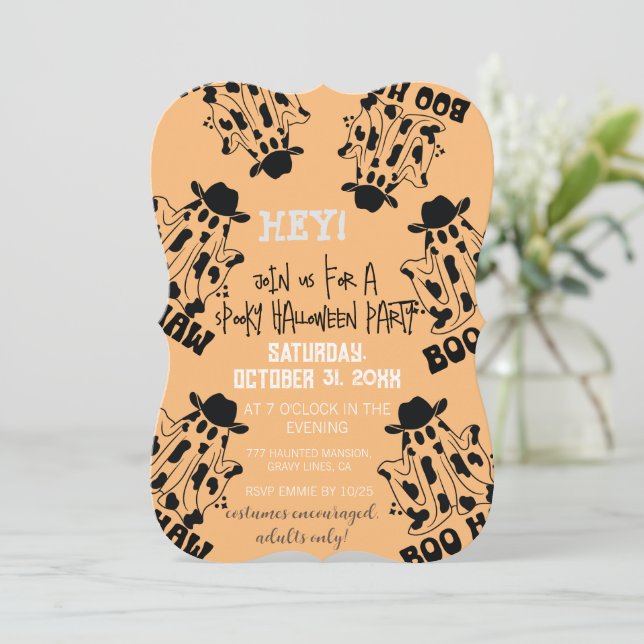 Boo Haw Cow Girl Cow Boy Ghost Halloween Einladung (Stehend Vorderseite)