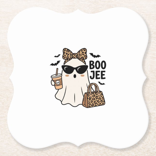 Boo Jee Geist Halloween Leopard Schleife Vektor De Untersetzer (Vorderseite)