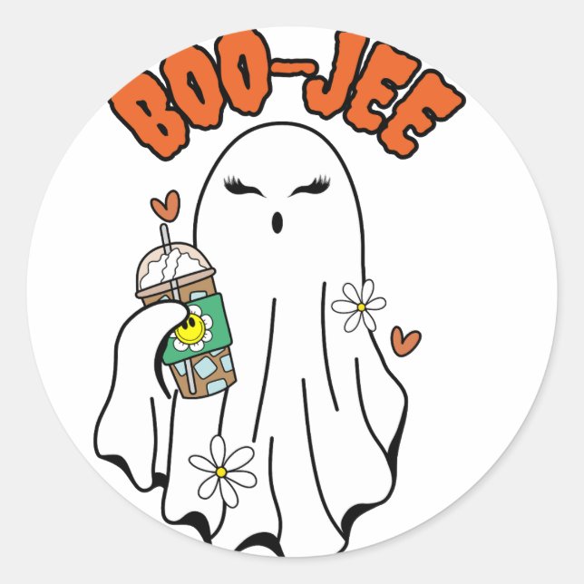 Boo-Jee Halloween-Geist mit Iced Kaffee in der Han Runder Aufkleber (Vorderseite)