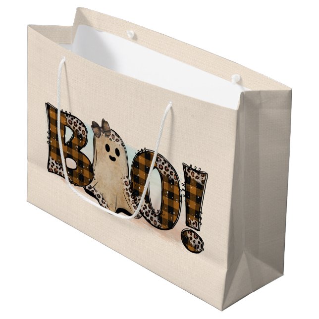 Boo Kariert Halloween Große Geschenktüte (Vorderseite Schrägansicht)