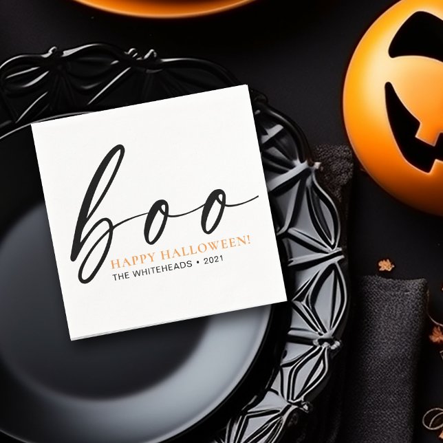 Boo Niedlich Happy Halloween White Serviette (Boo! Minimalistic typography Halloween design in the colors black, orange and white napkin)