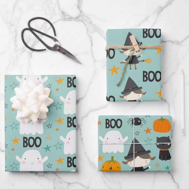 Boo! Niedliche Hexenkatze und Sterne Geschenkpapier Set (Vorderseite)