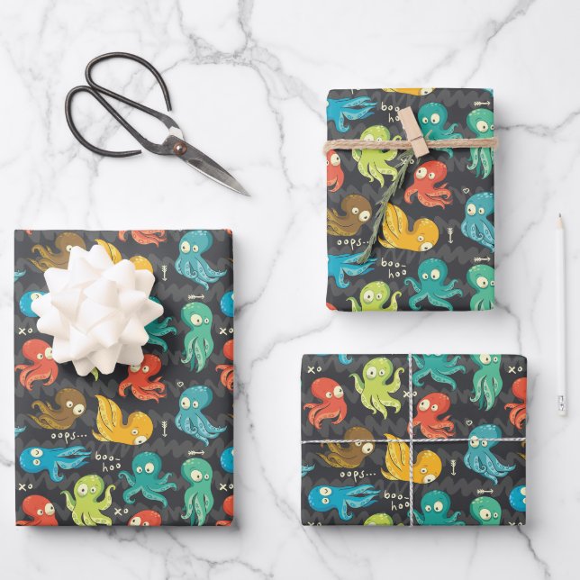 Boo Octopus Niedlich Multicolor Kids Bekleidung &  Geschenkpapier Set (Vorderseite)
