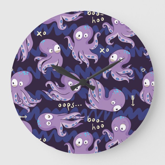 Boo Octopus Niedliche Lila Kinder Kleidung & Dekor Große Wanduhr (Vorderseite)