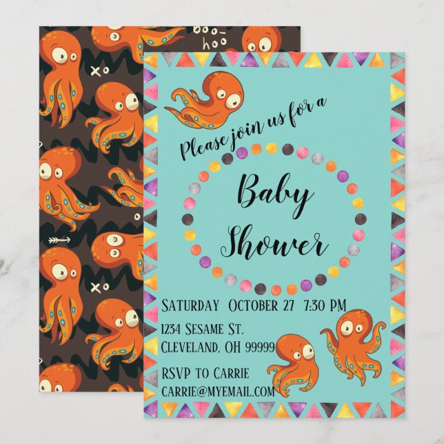 Boo Octopus Orange & Black Baby shower Invitation (Devant / Derrière)