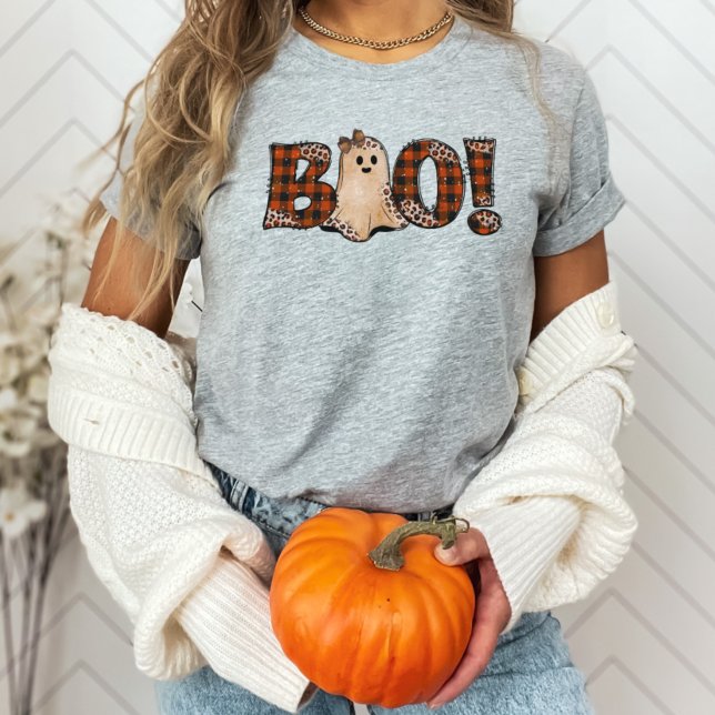 Boo Orange Kariert Halloween T-Shirt (Cute leopard print BOO Halloween shirt)