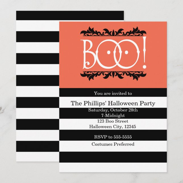 Boo! Schwarz-weiß- & Orangefarbene Einladungen (Vorne/Hinten)