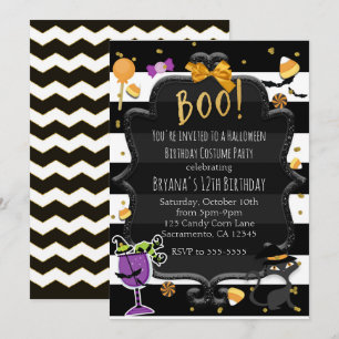 BOO! Schwarz-weiße Streifen Halloween-Süßigkeiten- Einladung