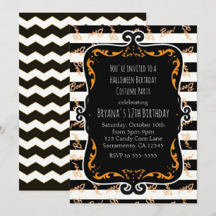 Boo Striped Black & Orange Whimsisches Halloween Einladung