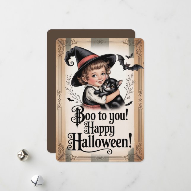 "Boo to You! Happy Halloween!" Vintage Witch & Cat Feiertagskarte (Vorderseite/Rückseite Beispiel)