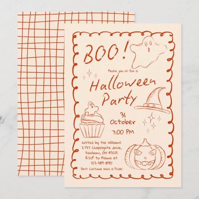 Boo! Trendy Hand Drawn Sketchy Halloween-Party Einladung (Vorne/Hinten)