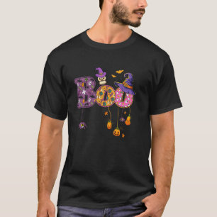 Boo Witch Hat Owl Spiders Bat Pumkin Funny Hallowe T-Shirt