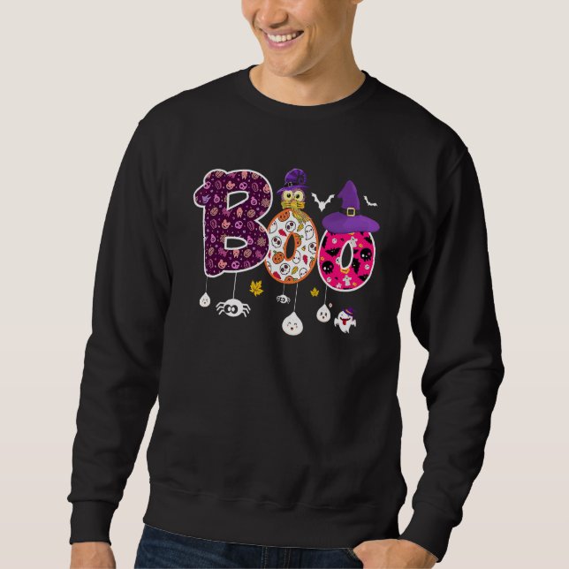 Boo With Spiders And Witch Hat Halloween Sweatshirt (Vorderseite)