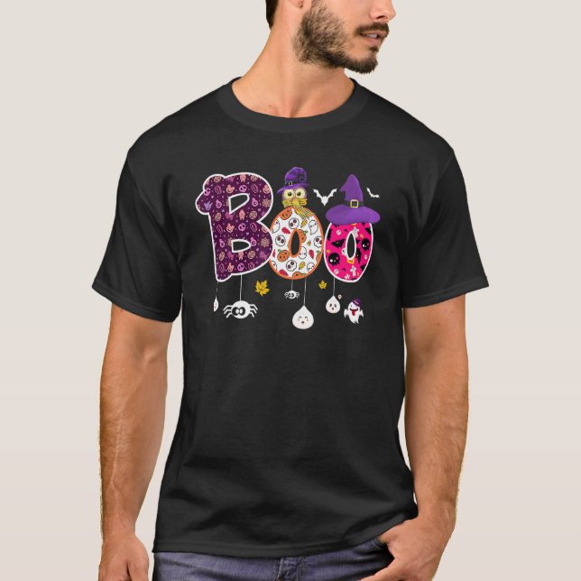 Boo With Spiders And Witch Hat Halloween T-Shirt (Vorderseite)