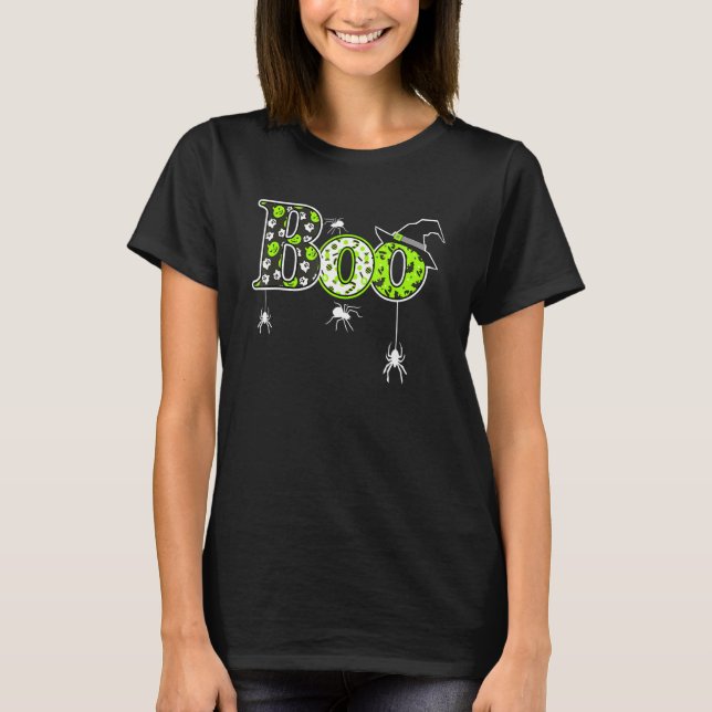 Boo With Spiders And Witch Hat Halloween T-Shirt (Vorderseite)