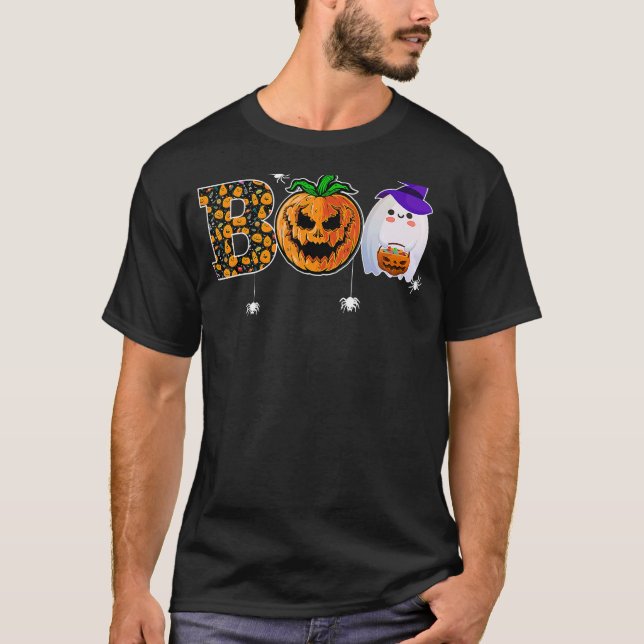 Boo With Spiders Ghost Pumpkin And Witch Hat Hallo T-Shirt (Vorderseite)
