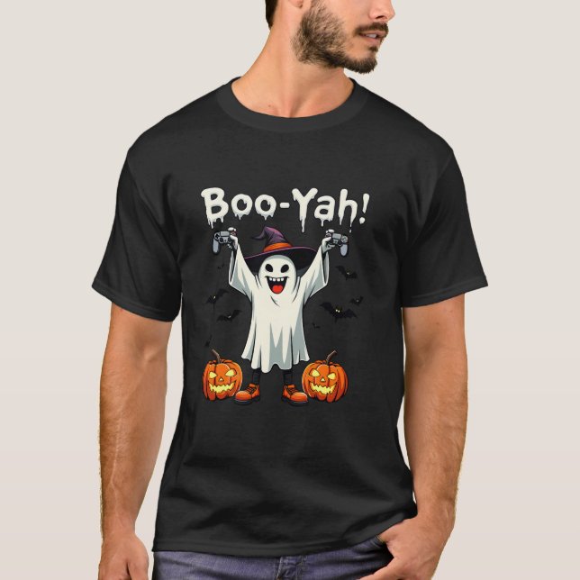 Boo Yah Spooky Gamer Ghost mit Controller Hallowe T-Shirt (Vorderseite)