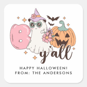 Boo y'all Retro Groovy Halloween Quadratischer Aufkleber