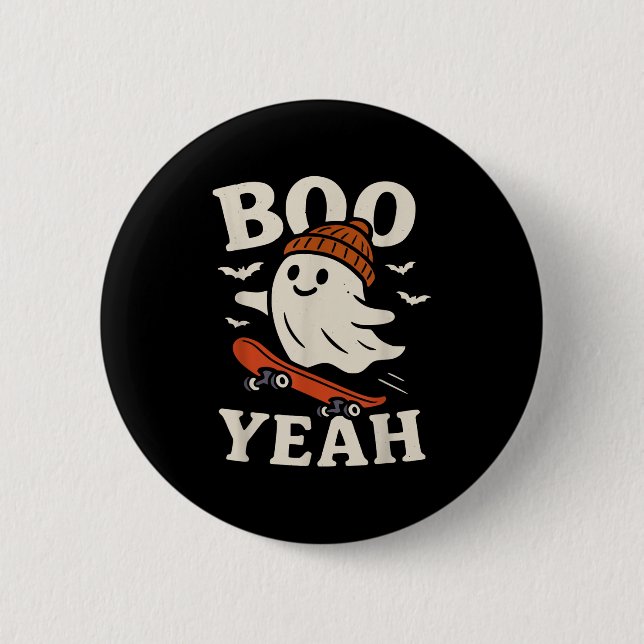 Boo Yeah Funny Ghost in Beanie Skateboard Hallowee Button (Vorderseite)