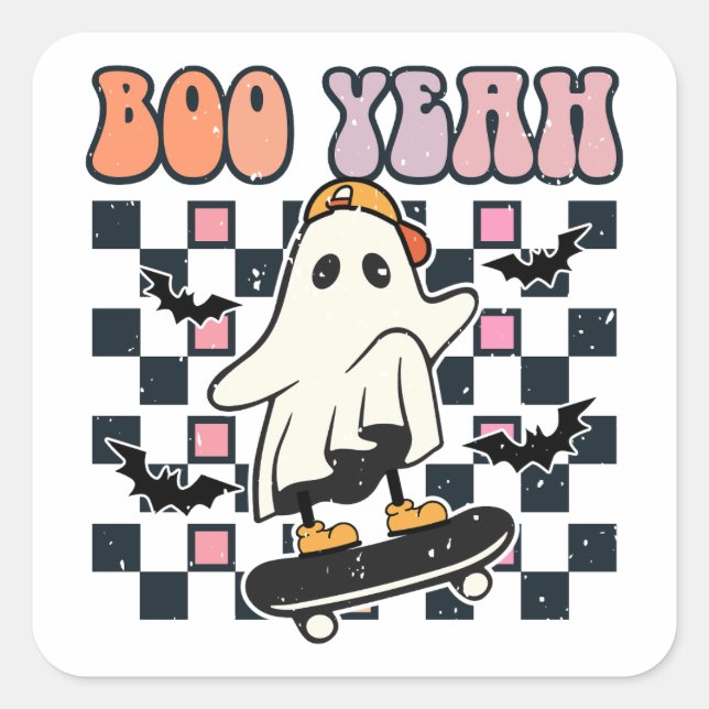 Boo Yeah - Retro Niedlich Ghost Skateboard Quadratischer Aufkleber (Vorderseite)