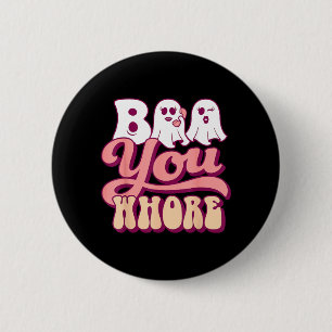 Boo You Lustiger Groovy Halloween-Geist auf rosa T Button