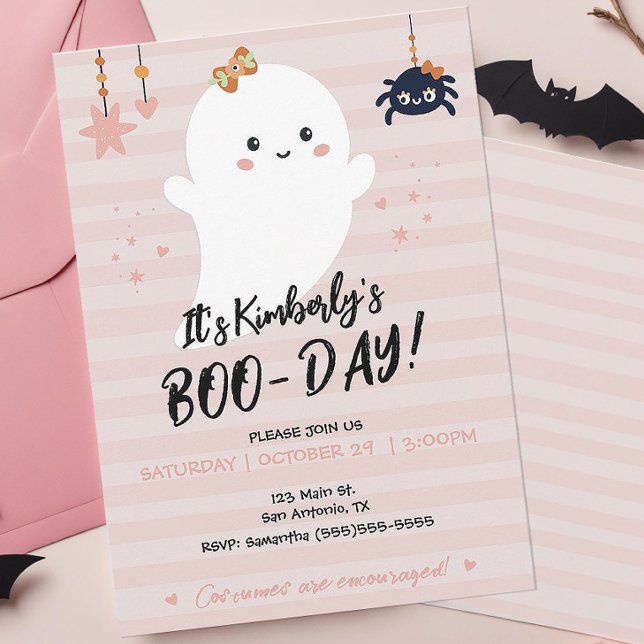 BOOday Kawaii Ghost Halloween Invitation (Cute Pink Boo-day Halloween Birthday Party Invitation)